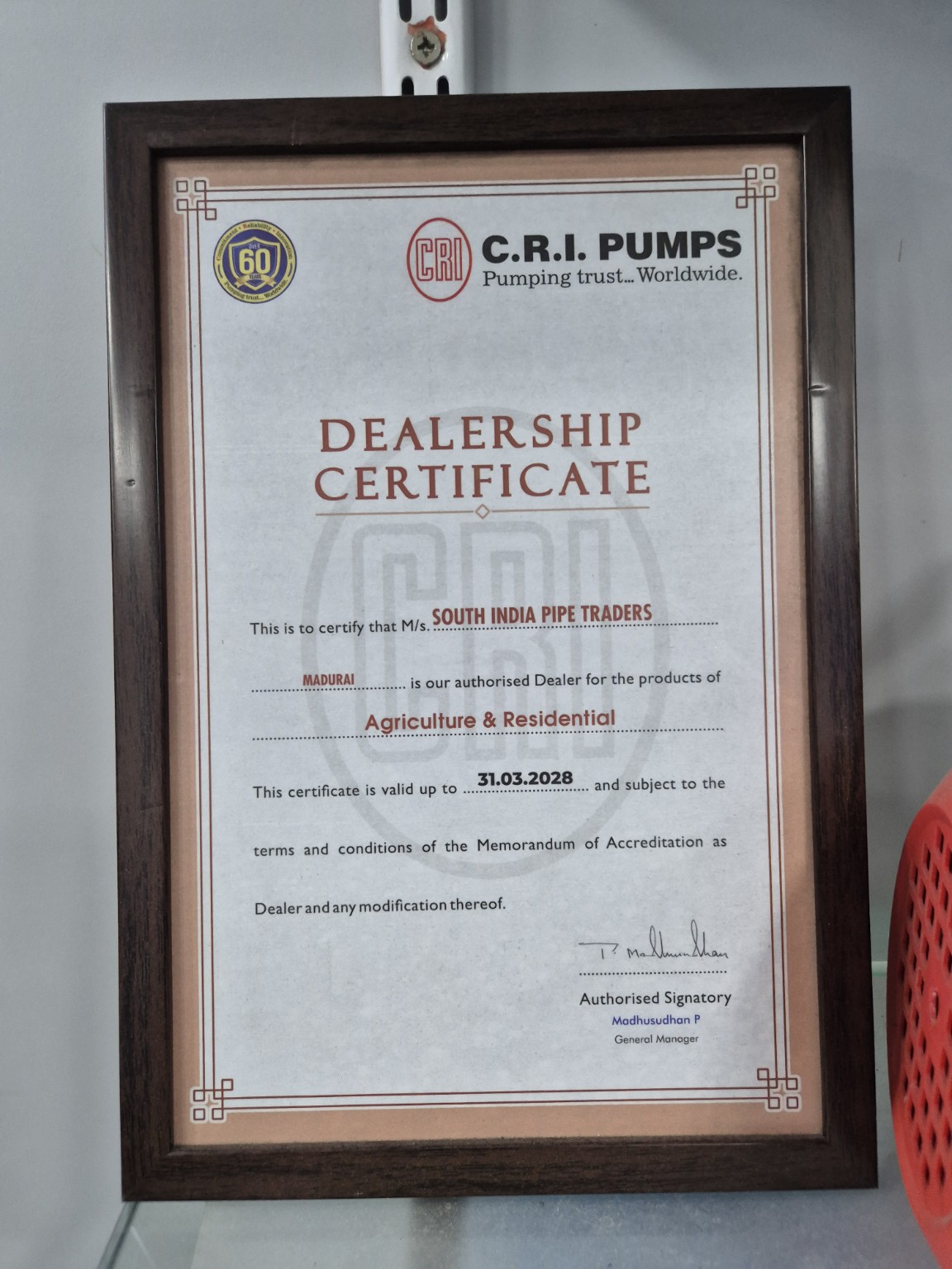 C.R.I. Pumps authorised dealership certificate for South India Pipe Traders, Madurai
